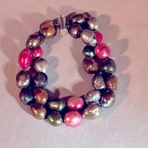 Freshwater Cultured Pearl Bracelet 7.5”. Dyed Pearls in Pink, Bronze, Green